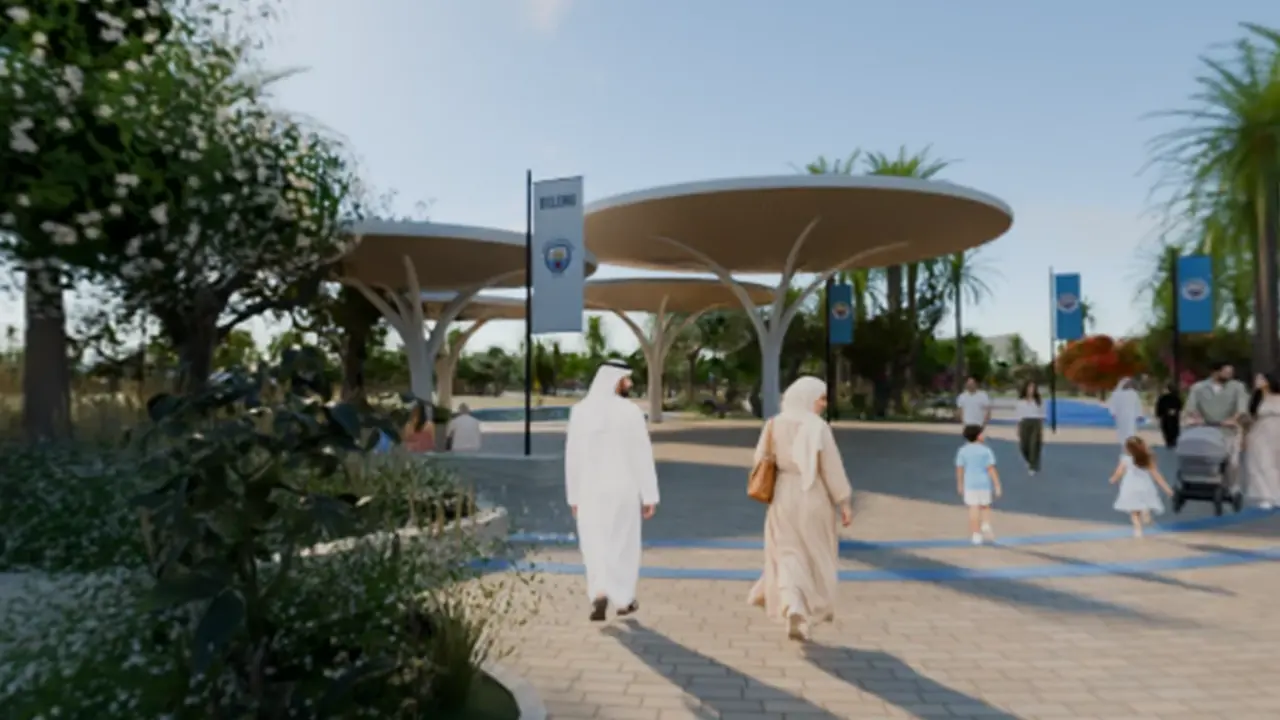 The park arch, planting and visitors on a paved plaza