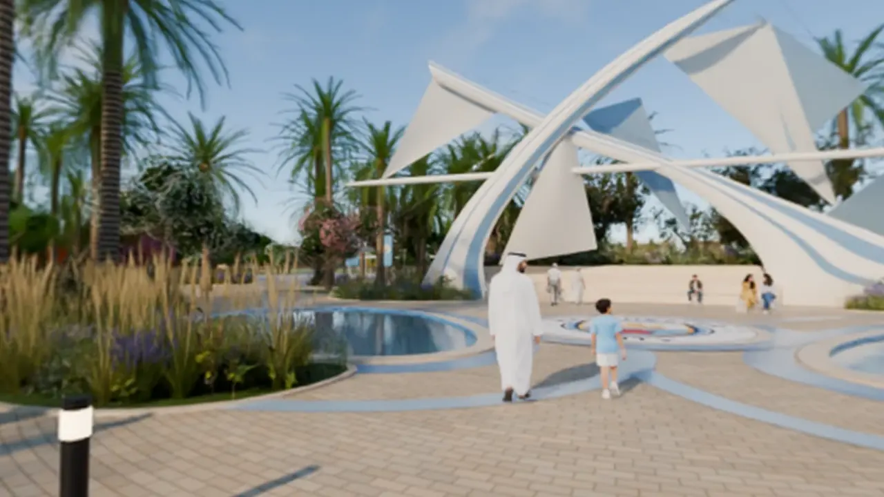 A white sculpture beside a pool with planting and visitors