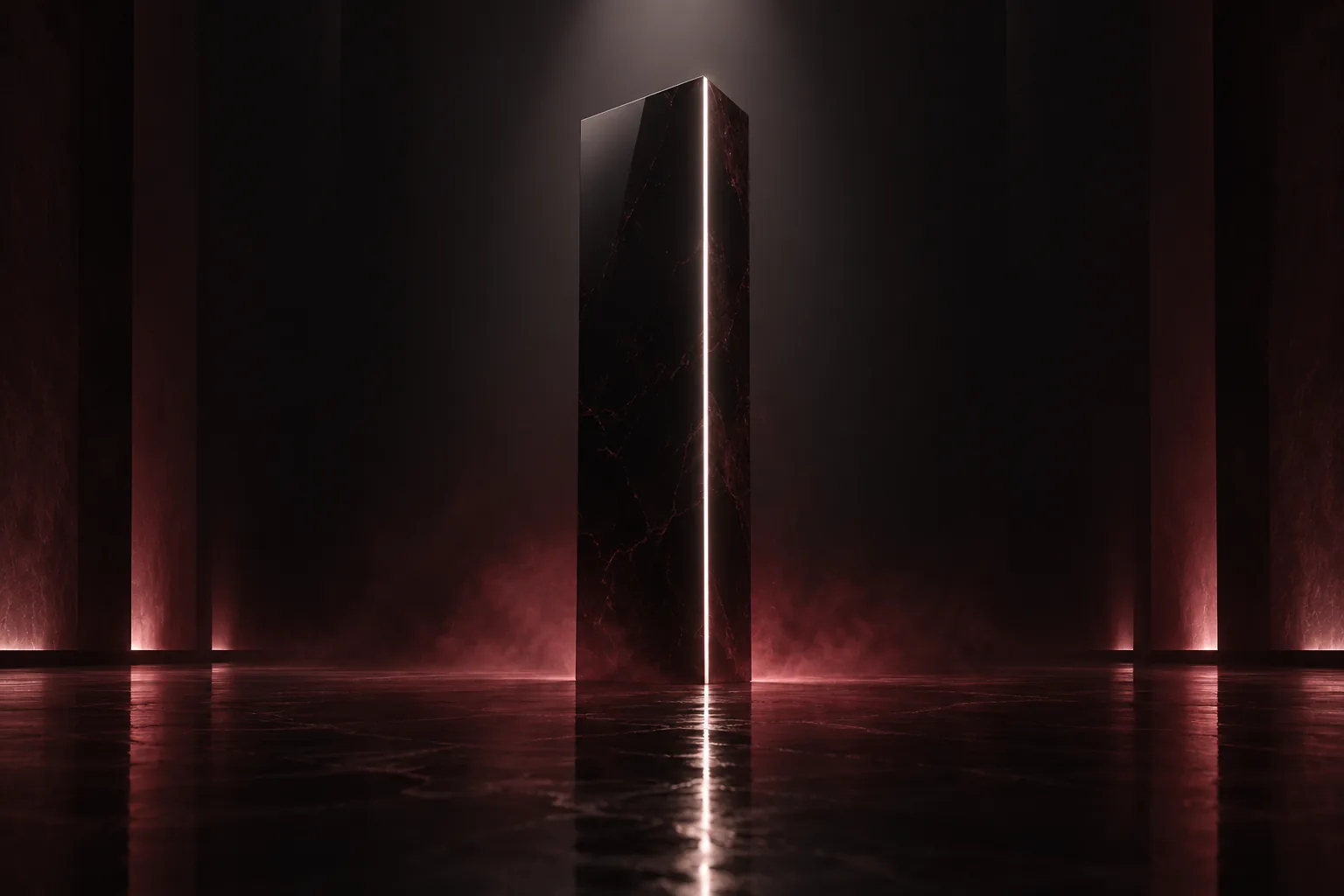 A tall dark monolith with a single line of light, standing alone in a vast hall