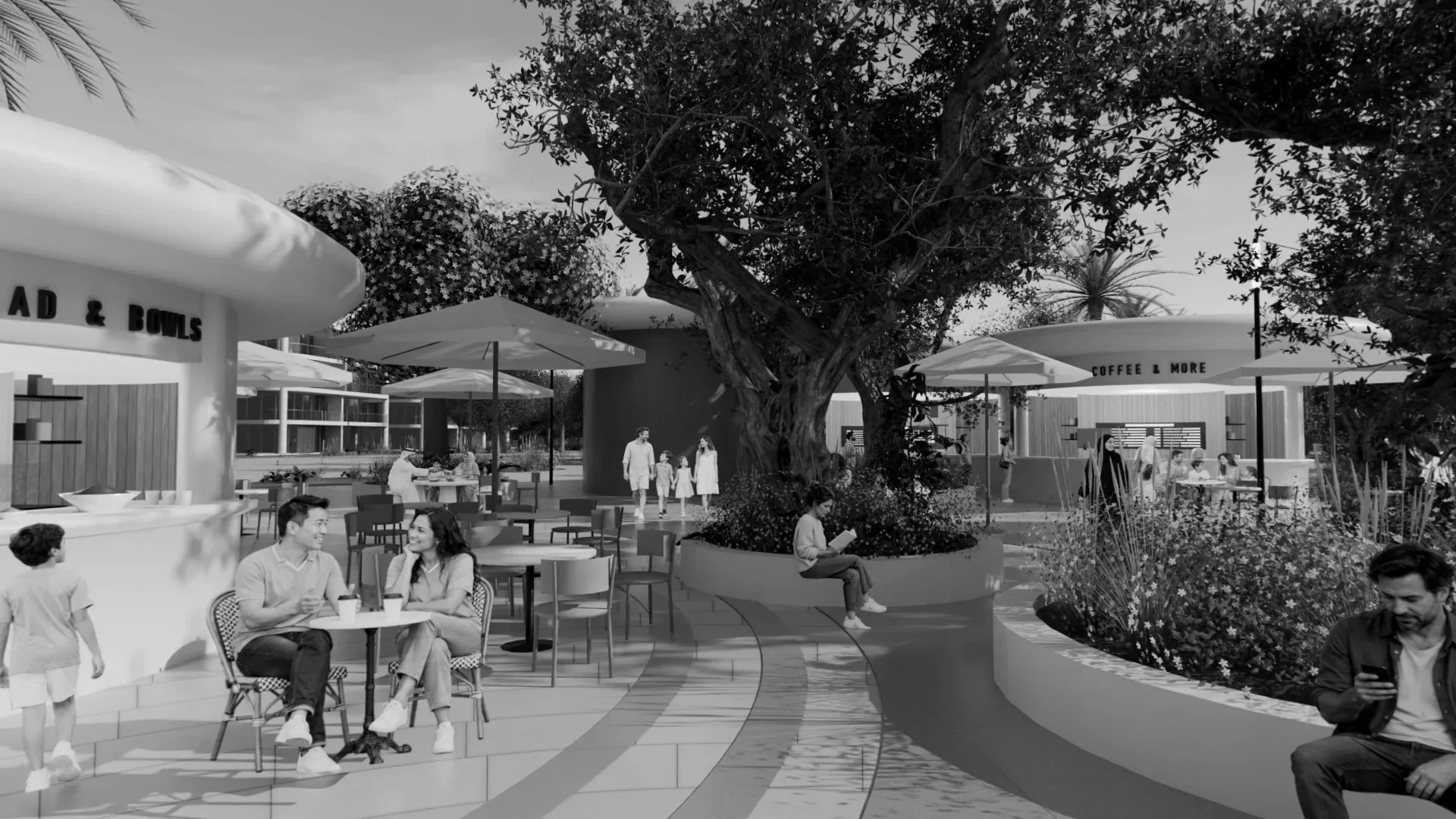 A shaded community plaza with cafes, rendered for a walkable experience