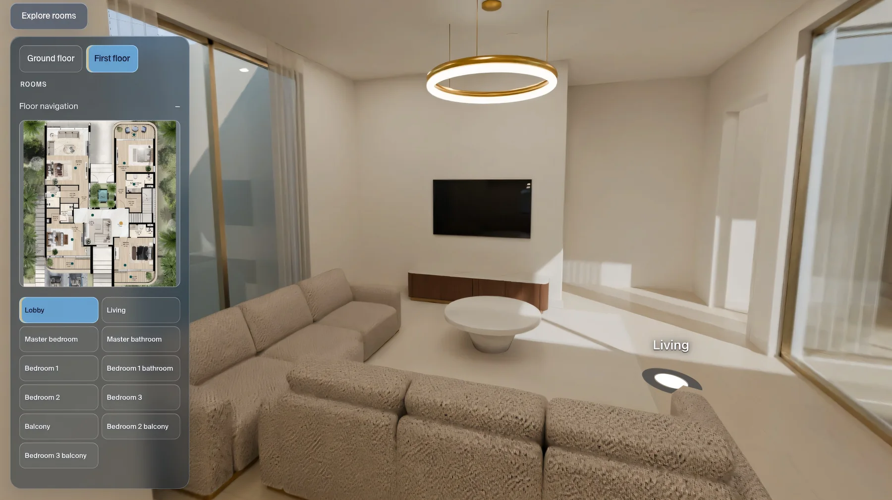 A walkable 360 home with its room list and floor plan, in the living room